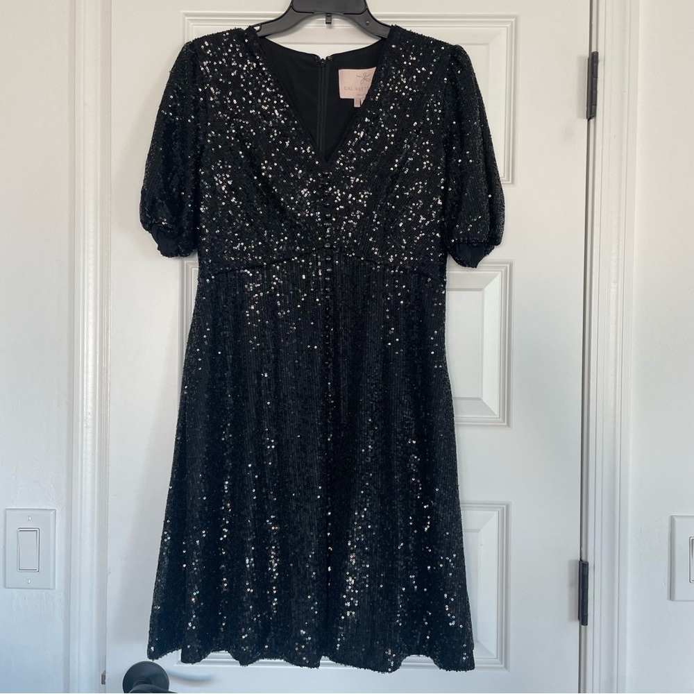Gal Meets Glam Farris Black Sequin V-Neck Mini Button Front Dress